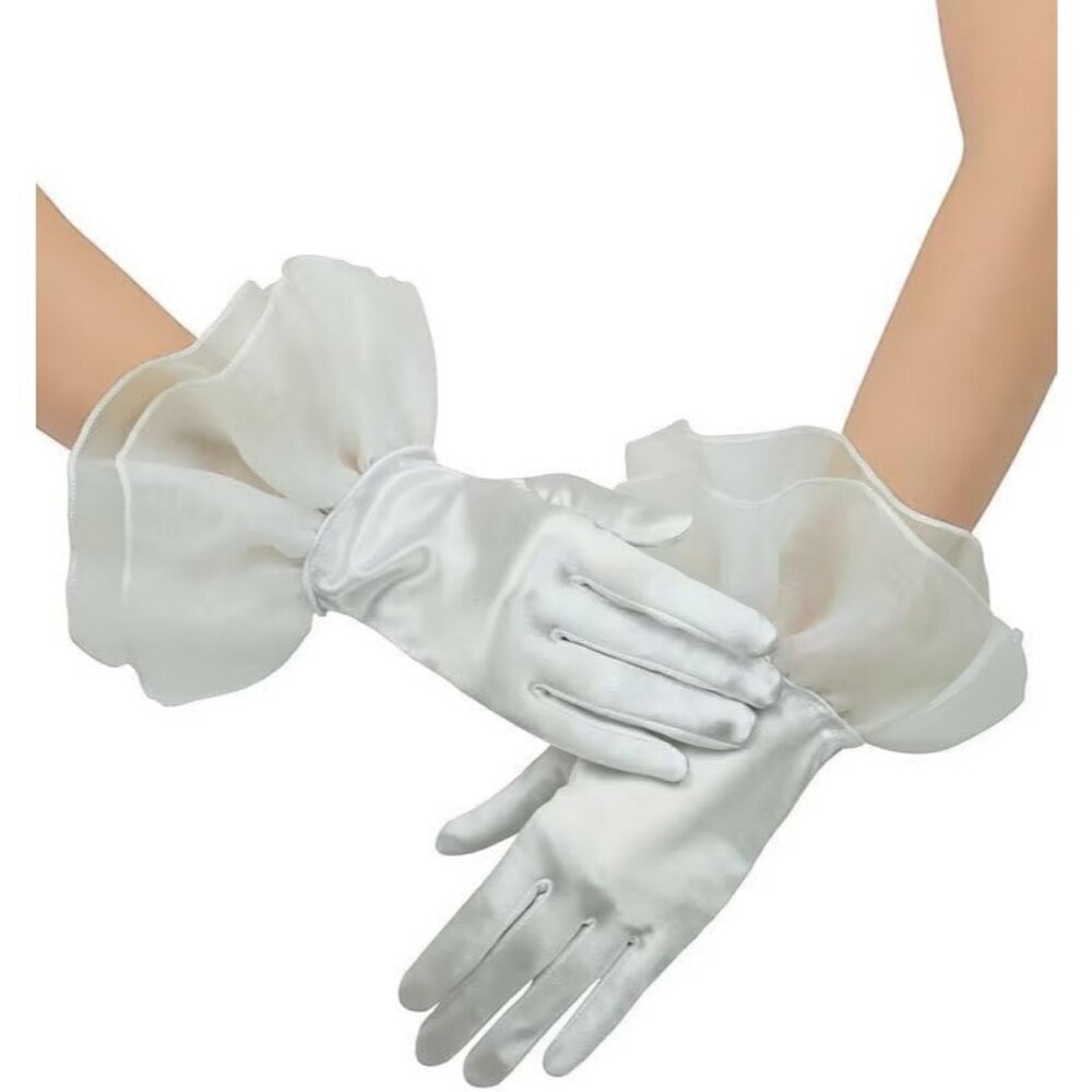 Women's Ruffled Evening Lvory Short Satin Formal Gloves Costume Accessories